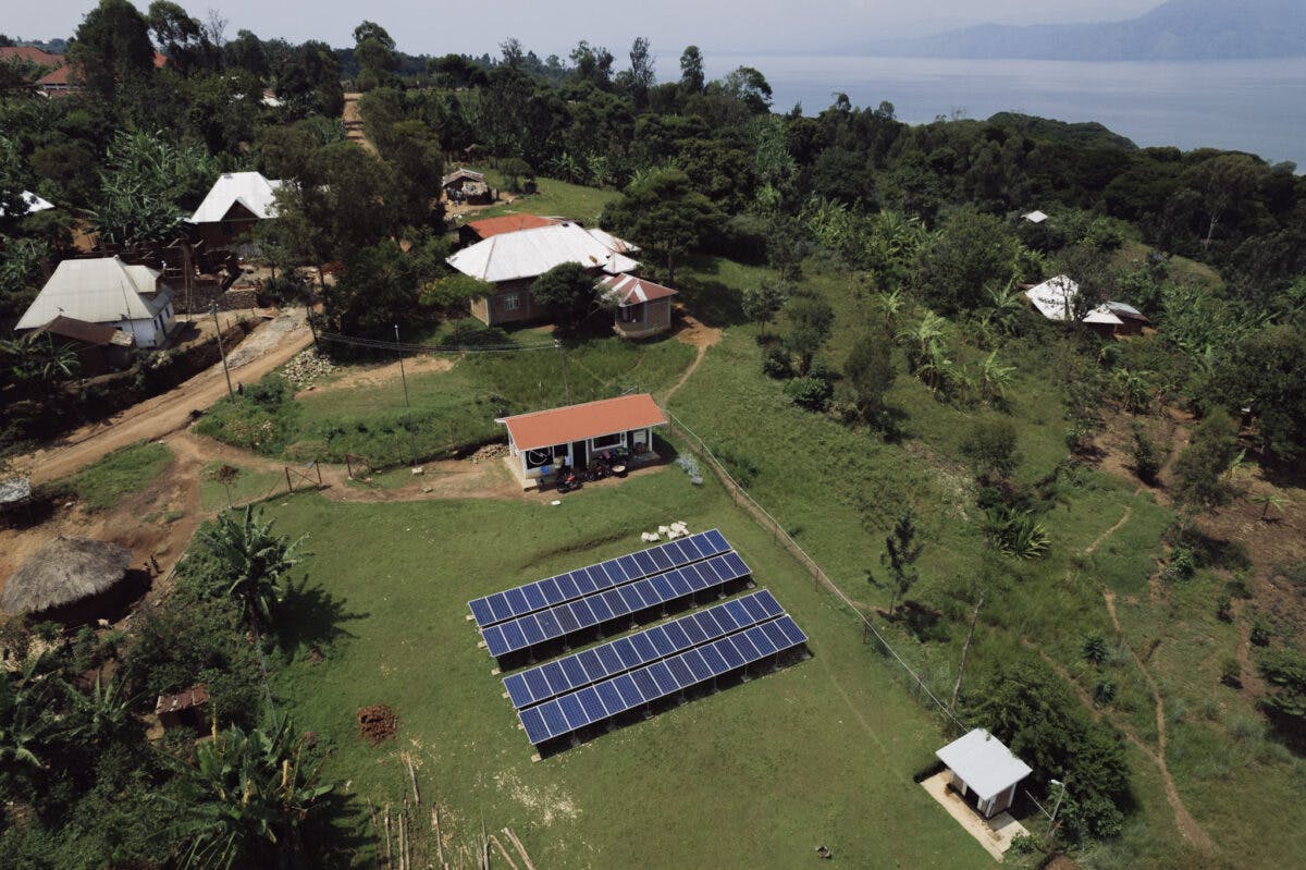Aerial view of solar panels in village